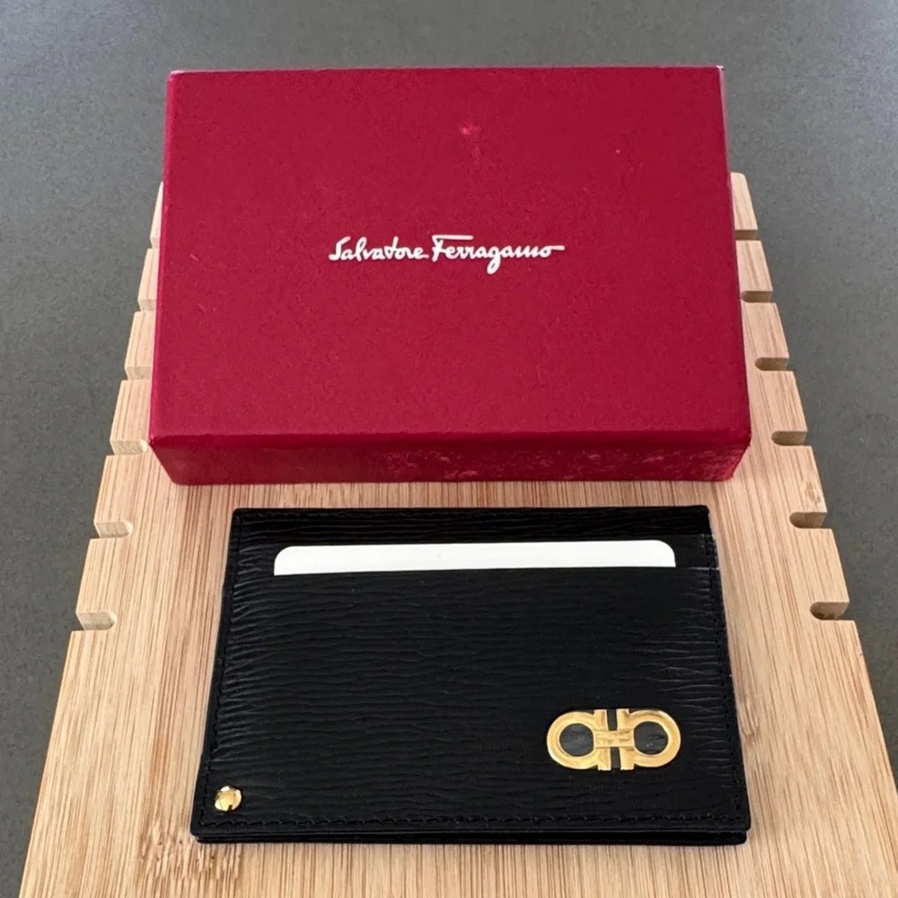 Salvatore Ferragamo NWOT Black Leather Card Case Wallet with box.